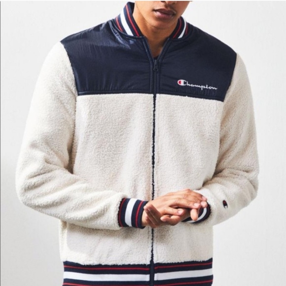 Champion Cream Navy Blue Fleece Sherpa Zip-Up Bomber Baseball Jacket Size Medium